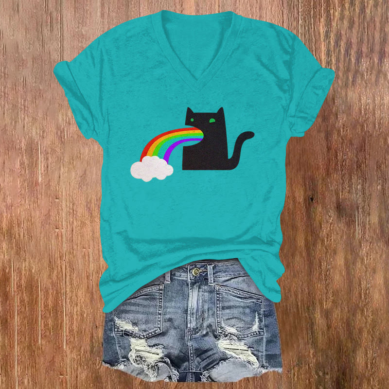 Black Cat Spitting Rainbow Print V-neck Short Sleeve T-shirt - Lake Blue - US32-34(5XL) - image 1