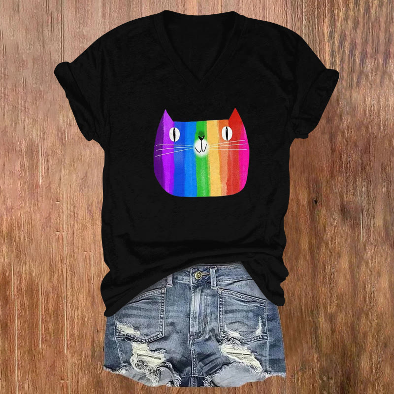 Ugly Rainbow Cat Head Print V-neck Short Sleeve T-shirt - Black - US32-34(5XL) - image 1