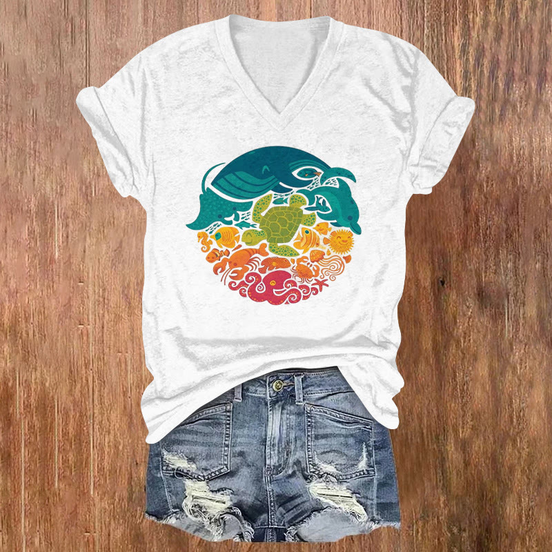 Rainbow Marine Life Print V-neck Short Sleeve T-shirt - White - US32-34(5XL) - image 1