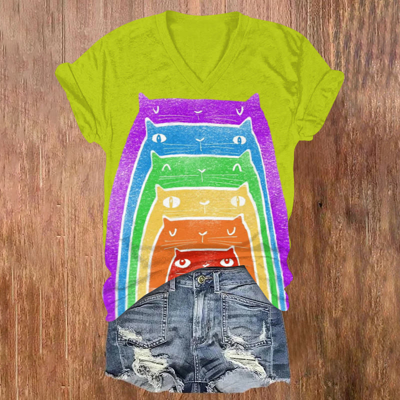 Cascading Rainbow Cats Print V-neck Short Sleeve T-shirt - Yellow - US32-34(5XL) - image 3
