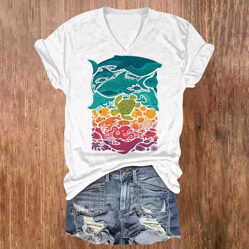 Cascading Rainbow Marine Life Print V-neck Short Sleeve T-shirt - White - US32-34(5XL) - image 1
