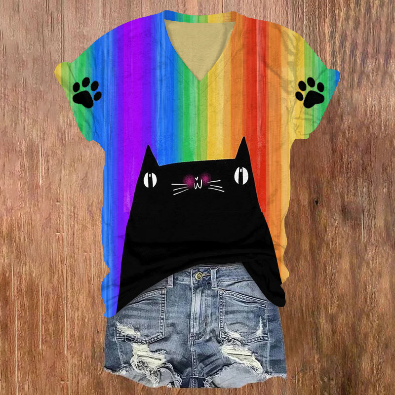 Ugly Black Cat In The Rainbow Print V-neck Short Sleeve T-shirt - Multicolor - US32-34(5XL) - image 1