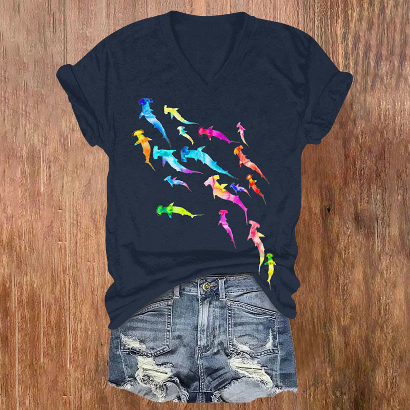 Wonderful Rainbow Sharks Art Print Casual T-shirt - Dark Blue - US32-34(5XL) - image 1