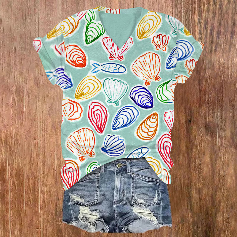 Rainbow Marine Shells Art Print Casual T-shirt - Multicolor - US32-34(5XL) - image 1