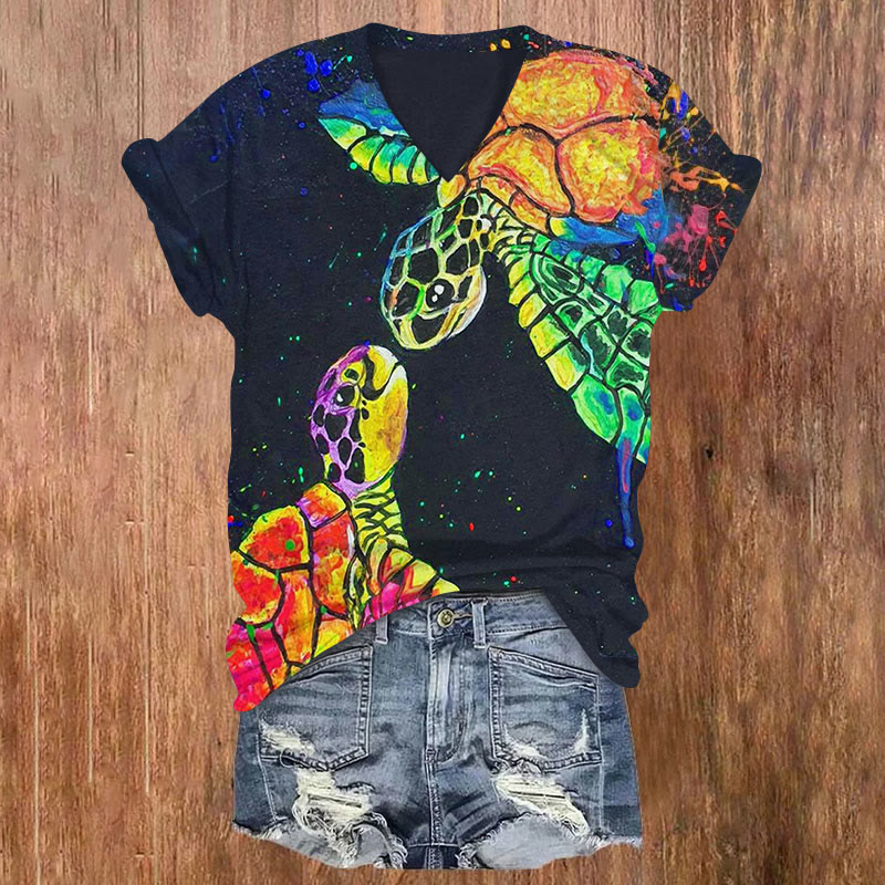 Rainbow Couple Sea Turtles Art Print Casual T-shirt - Black - US32-34(5XL) - image 1