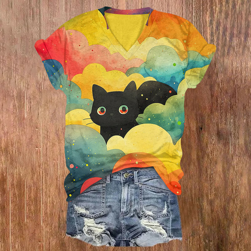 Cute Black Cat In Rainbow Cloud Art Print Casual T-shirt - Multicolor - US32-34(5XL) - image 1