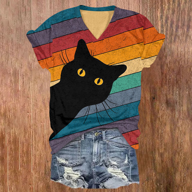 Rainbow Colorblocks Black Cat Art Print Casual T-shirt - Multicolor - US32-34(5XL) - image 1