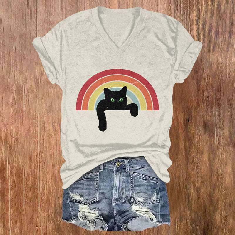 Creative Cat Climbing From Rainbow Art Print Casual T-shirt - Light Gray - US32-34(5XL) - image 1