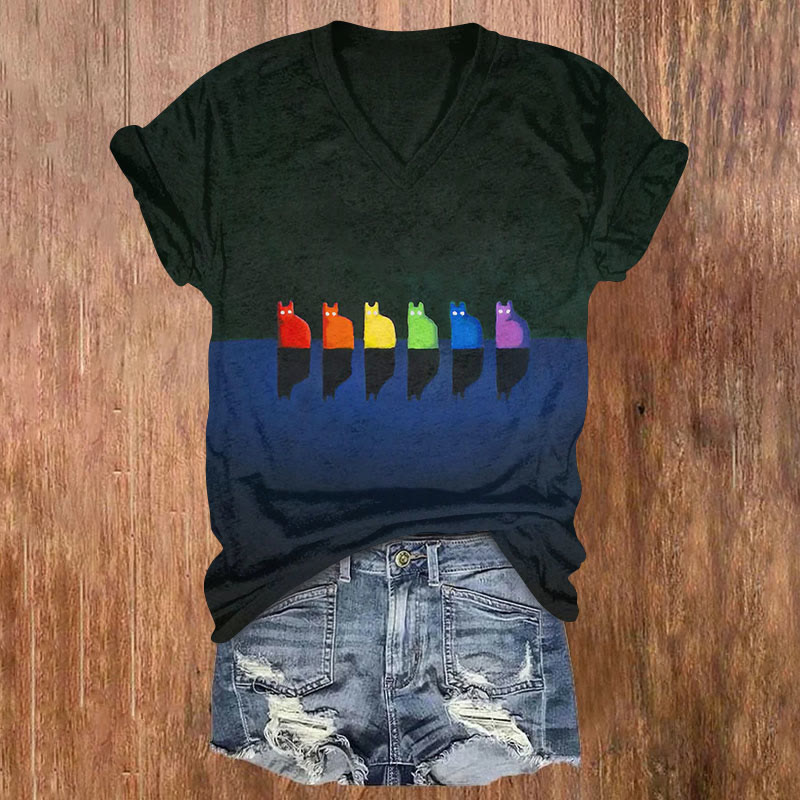 Rainbow Cat In Dark Lake Art Print Casual T-shirt - Black - US32-34(5XL) - image 1