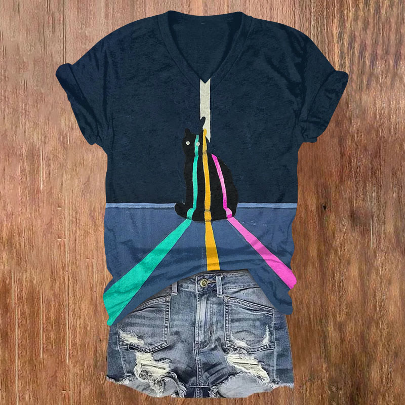 Refracted Rainbow Light Black Cat Art Print Casual T-shirt - Dark Blue - US32-34(5XL) - image 1
