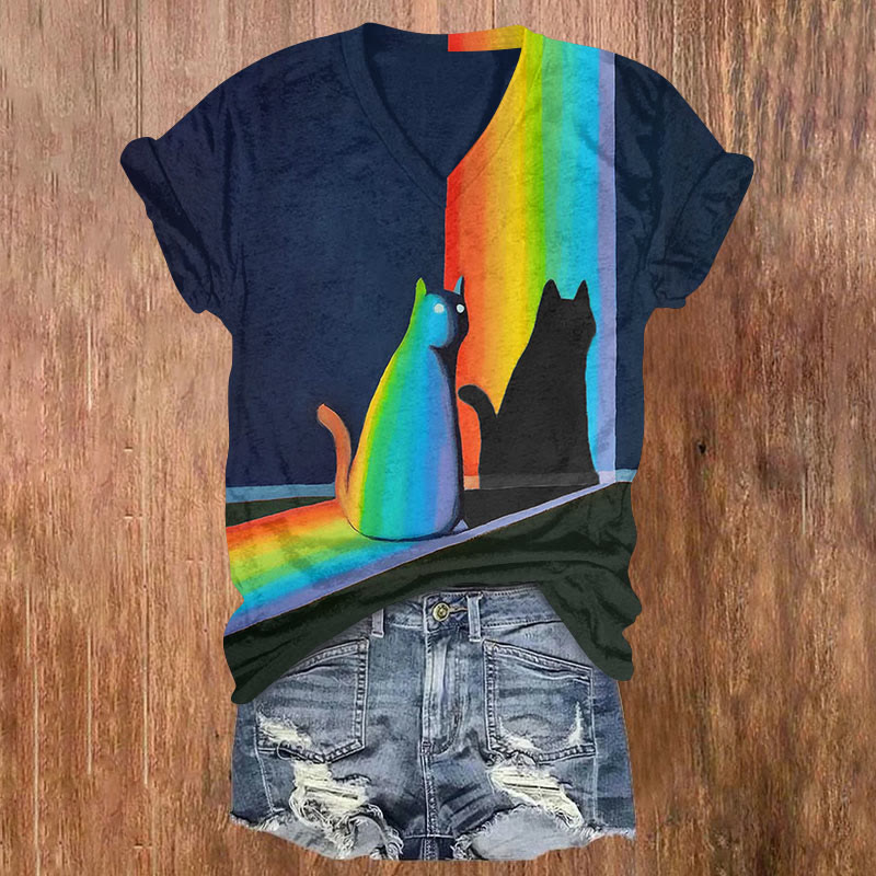Cat In Rainbow Light And Shadow Art Print Casual T-shirt - Dark Blue - US32-34(5XL) - image 1