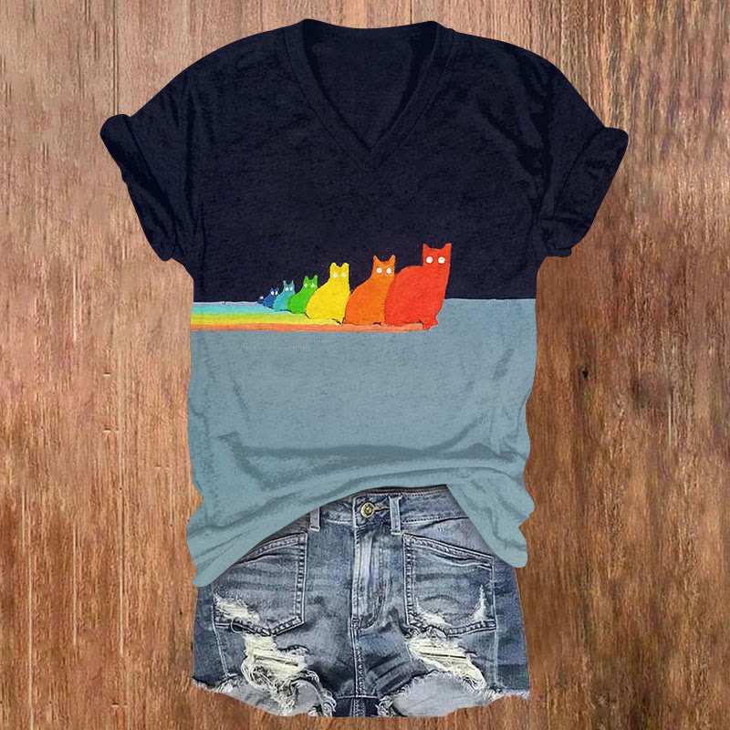 Queue Rainbow Cat In The Dark Art Print Casual T-shirt - Black - US32-34(5XL) - image 1