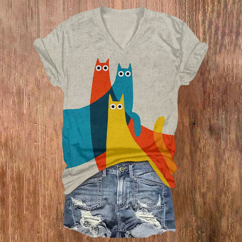 Funny Abstract Rainbow Cat Art Print Casual T-shirt - Light Gray - US32-34(5XL) - image 1