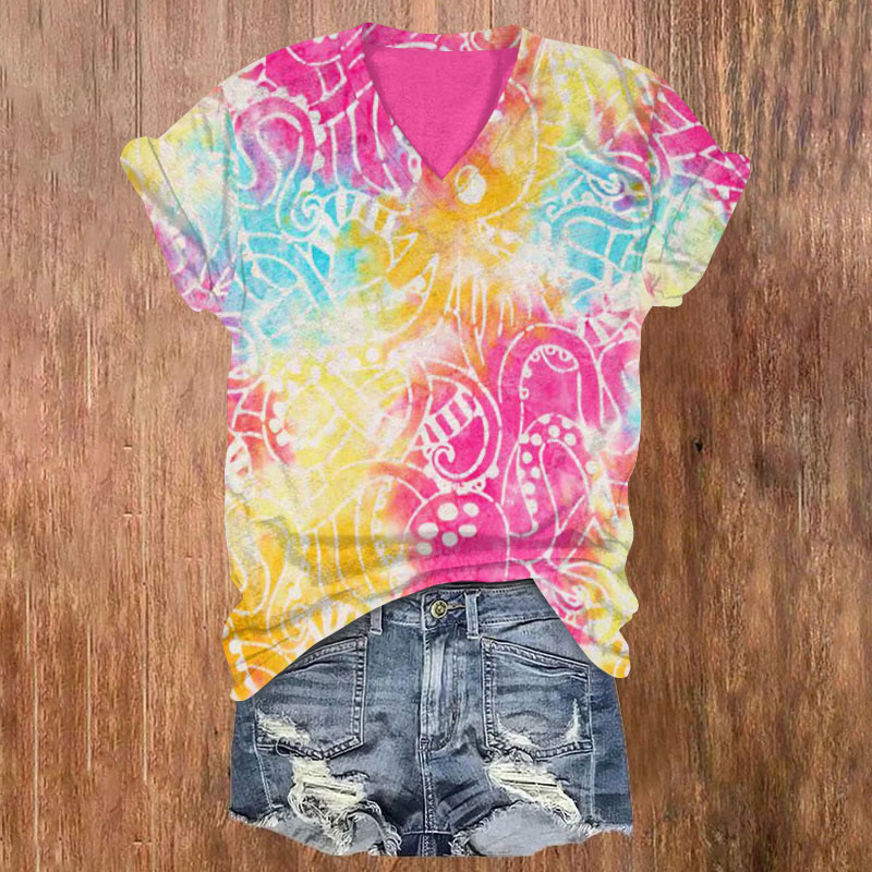 Creative Abstract Rainbow Octopus Art Print Casual T-shirt - Multicolor - US32-34(5XL) - image 1