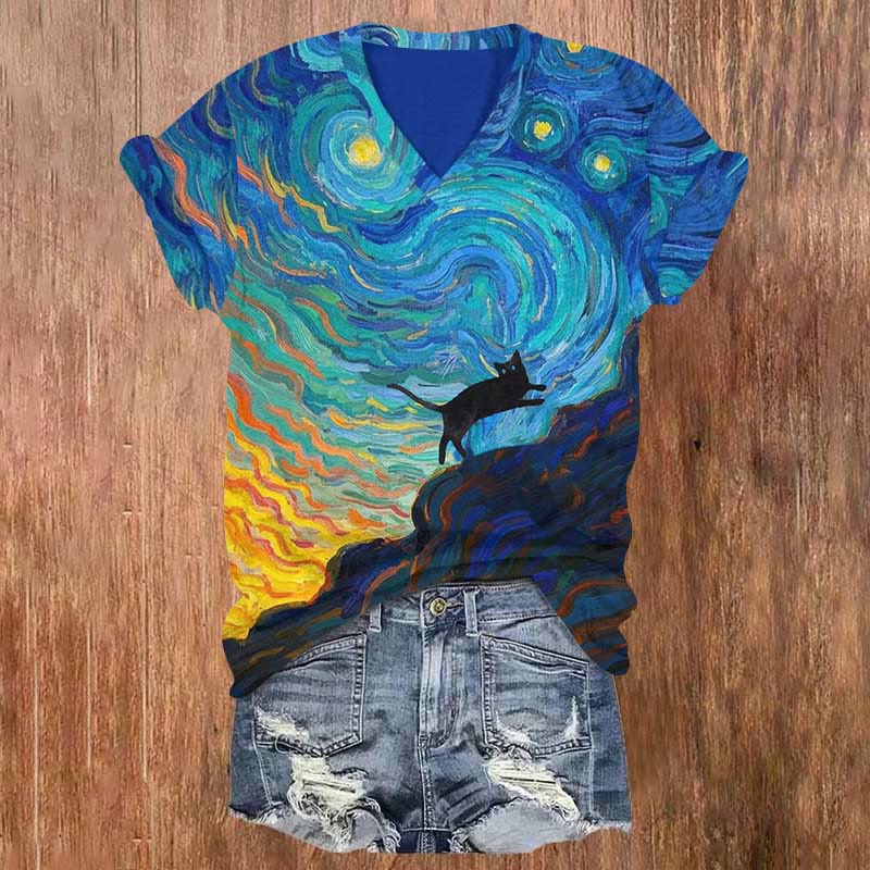 Black Cat Running Under Oil Painting Fantasy Sky Print V-neck Short Sleeve T-shirt - Blue - US32-34(5XL) - image 1