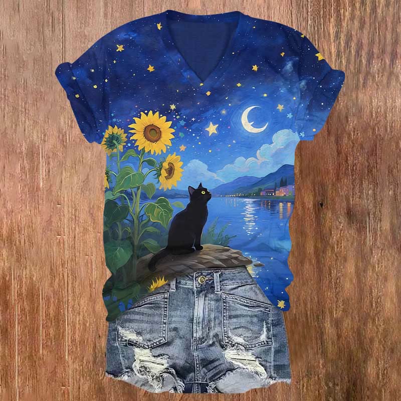 Sunflower Cat Looking Up Starry Sky Art Print V-neck Short Sleeve T-shirt - Blue - US32-34(5XL) - image 1