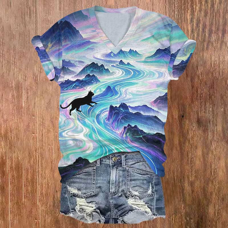 Black Cat & Fantasy Aurora Mountain Art Print V-neck Short Sleeve T-shirt - Blue - US32-34(5XL) - image 1