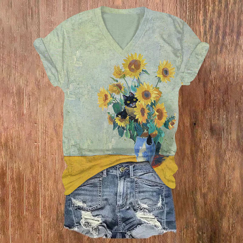 Creative Cat Hiding In Sunflower Art Print V-neck Short Sleeve T-shirt - Mint - US32-34(5XL) - image 1