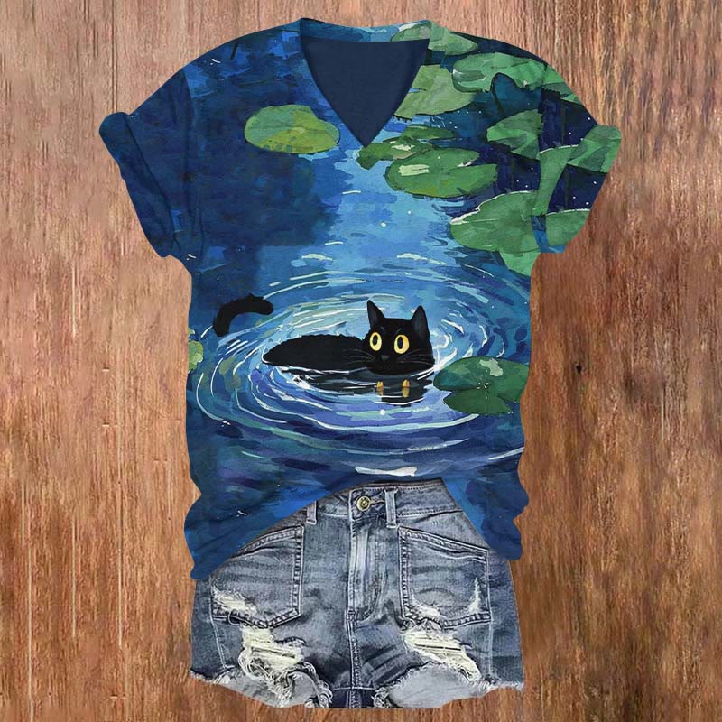 Funny Black Cat Swimming In Lotus Pond Art Print V-neck Short Sleeve T-shirt - Blue - US32-34(5XL) - image 1