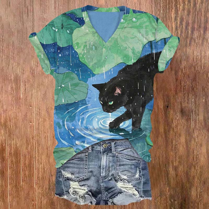 Rainy Lotus Pond & Black Cat Art Print V-neck Short Sleeve T-shirt - Blue - US32-34(5XL) - image 1