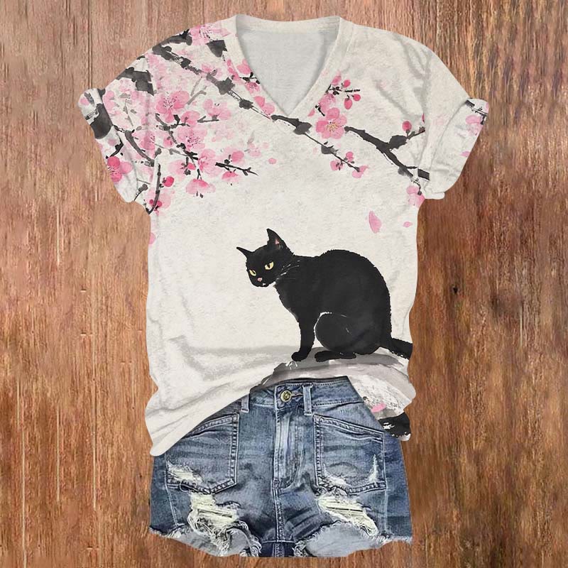 Lovely Peach Blossom & Black Cat Art Print V-neck Short Sleeve T-shirt - Beige - US32-34(5XL) - image 1