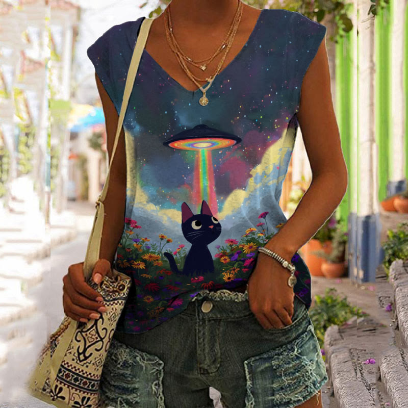 Sunflower Cat & Mysterious Spaceship Art Print V-neck Tank Top - Multicolor - 5XL - image 1