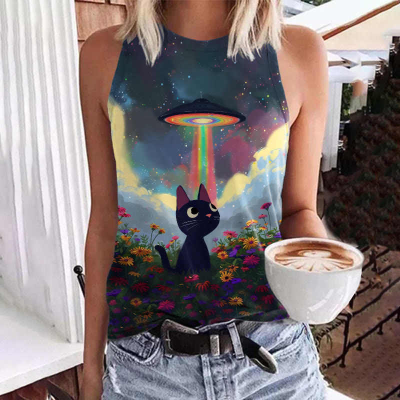 Sunflower Cat & Mysterious Spaceship Art Print Crew Neck Tank Top - Multicolor - 5XL - image 1