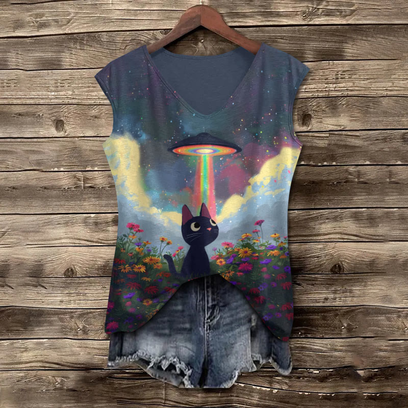 Sunflower Cat & Mysterious Spaceship Art Print V Neck Casual Tank Top - Multicolor - 5XL - image 1