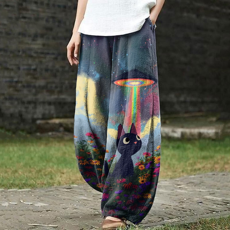 Sunflower Cat & Mysterious Spaceship Art Print Casual Pants - Multicolor - US18(5XL) - image 1
