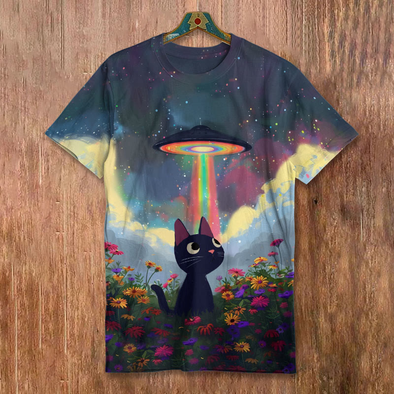 Sunflower Cat & Mysterious Spaceship Art Print Short-sleeved Men's Casual T-shirt - Multicolor - 8XL - image 1