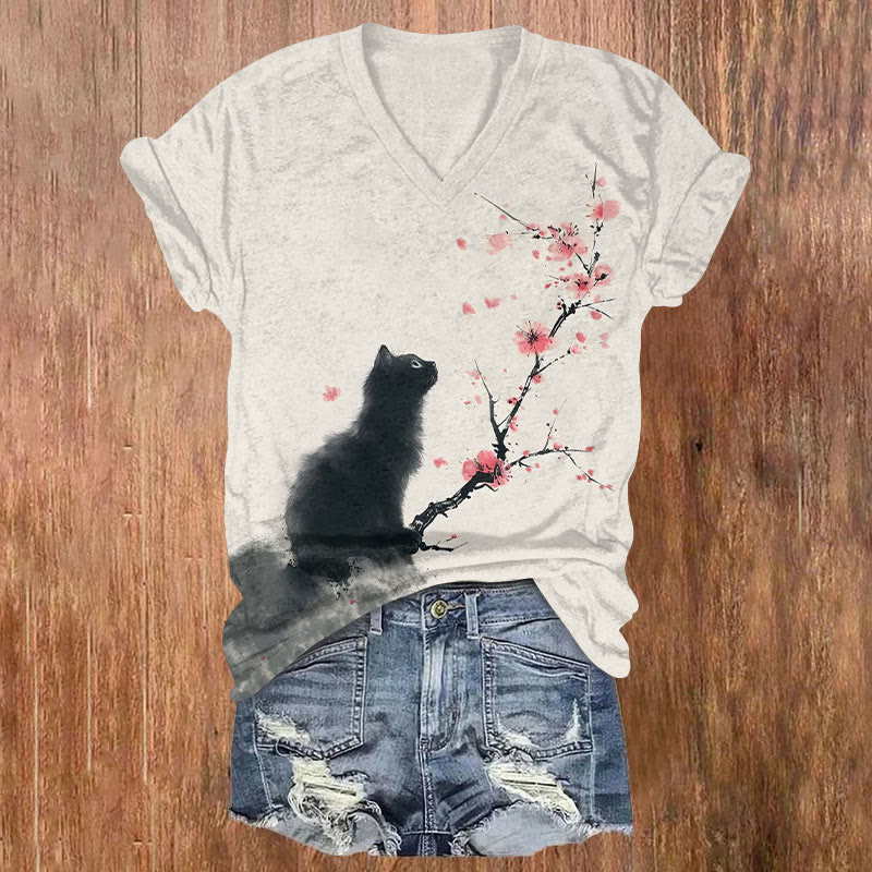 Ink Watercolor Cat & Peach Blossom Art T-shirt - Beige - US32-34(5XL) - image 1