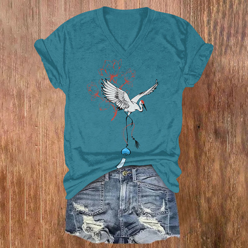 Vintage Floral Crane With Bell Art T-shirt - Blue - US32-34(5XL) - image 1