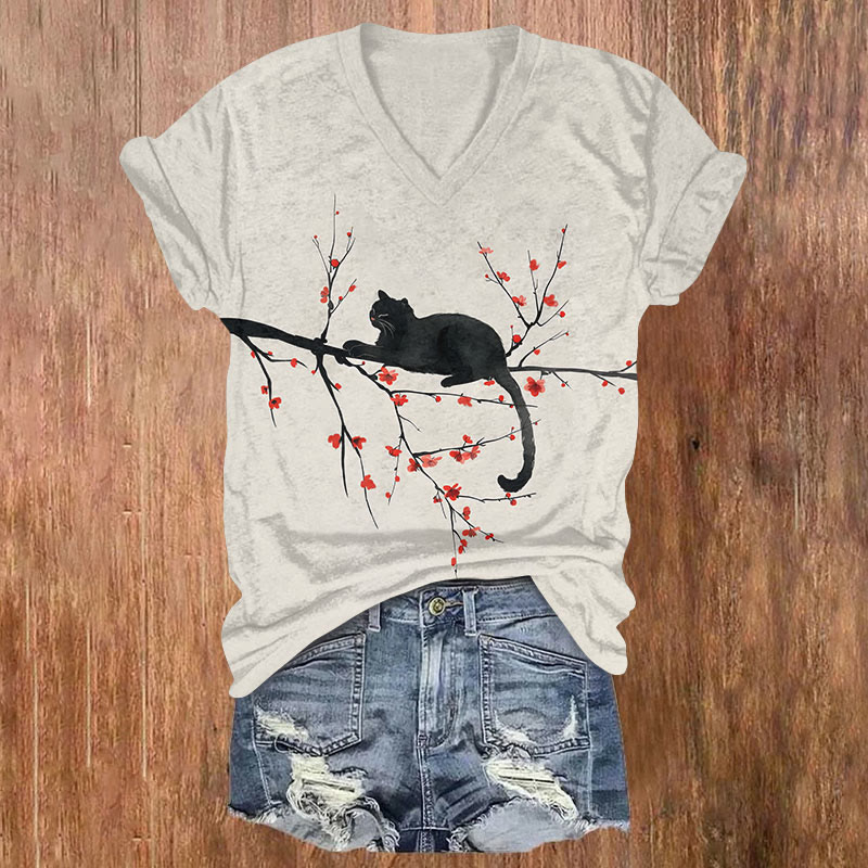 Lovely Cat Lying On Apricot Tree Art T-shirt - Beige - US32-34(5XL) - image 1