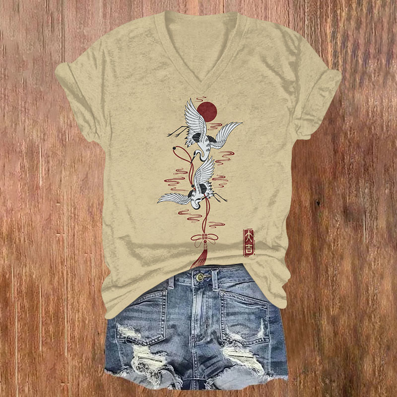 Vintage Couple Crane With Peace Knot Art T-shirt - Apricot - US32-34(5XL) - image 1