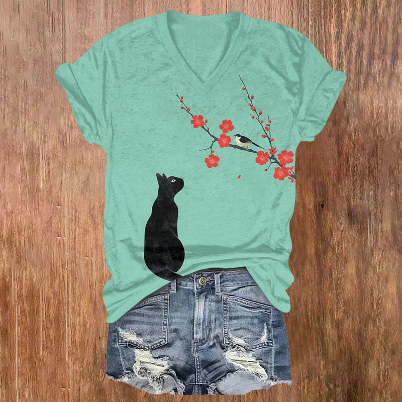 Black Cat Watching Bird On The Peach Branch Art T-shirt - Mint - US32-34(5XL) - image 1