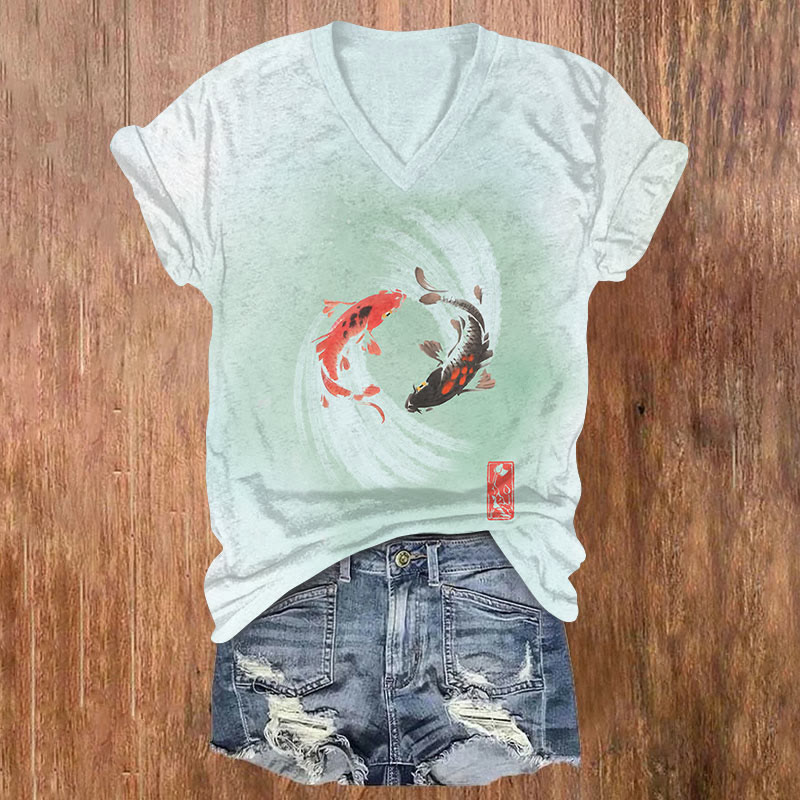 Japanese Vintage Koi Playing In The Pond Art T-shirt - Light Green - US32-34(5XL) - image 1