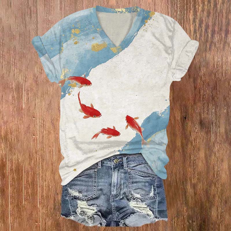 Vivid Watercolor Goldfish Pond Art T-shirt - Beige - US32-34(5XL) - image 1