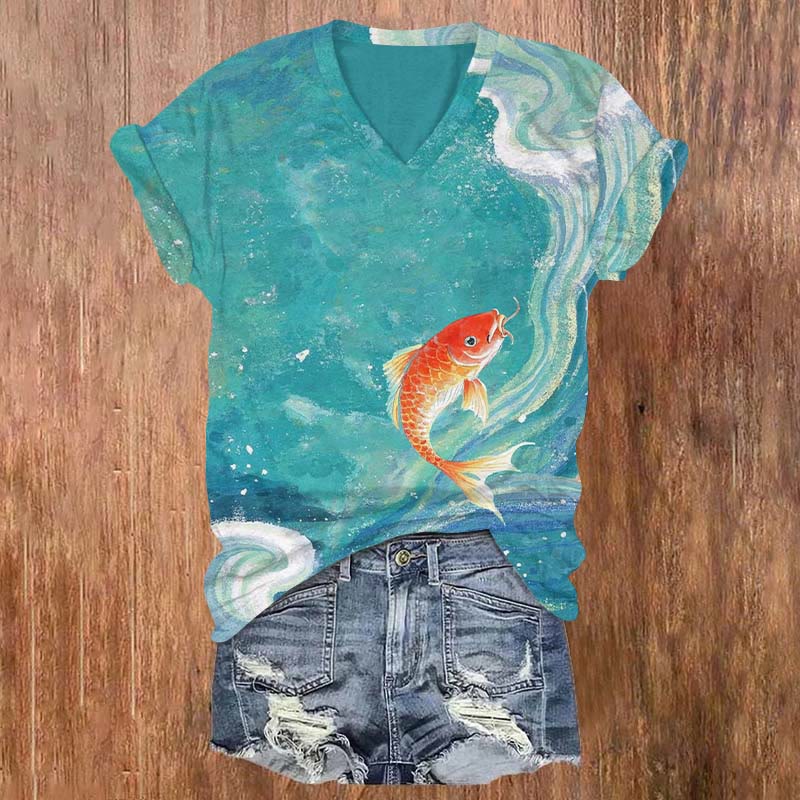 Vivid Goldfish & Wave Art T-shirt - Lake Blue - US32-34(5XL) - image 1