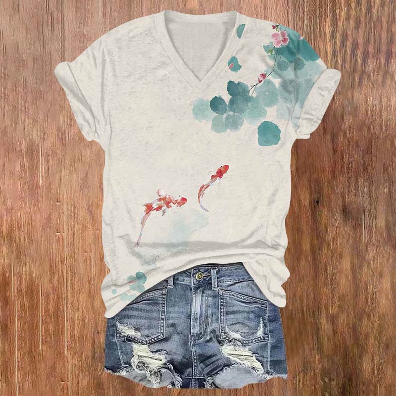 Abstract Koi Fish In Lotus Pond Art T-shirt - Beige - US32-34(5XL) - image 1