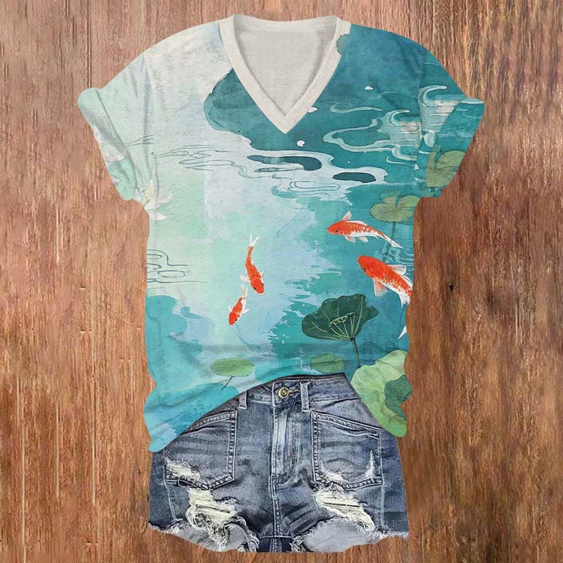 Lovely Koi Crap Playing In Lotus Pond Art T-shirt - Lake Blue - US32-34(5XL) - image 1
