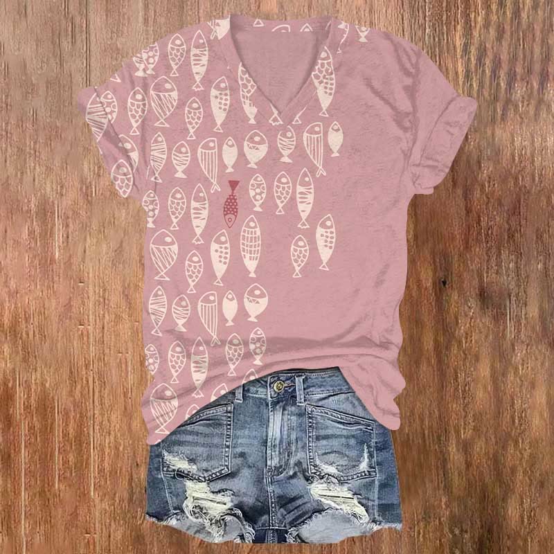 Funny Cartoon Fish Art T-shirt - Dark Pink - US32-34(5XL) - image 1