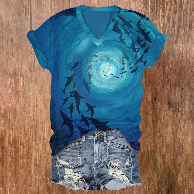 Spectacular Shark Whirlpool Art T-shirt - Blue - US32-34(5XL) - image 1