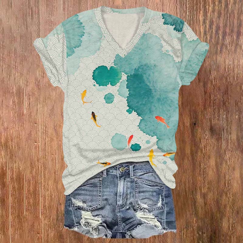 Wave & Goldfish Lotus Pond Art T-shirt - Green - US32-34(5XL) - image 1