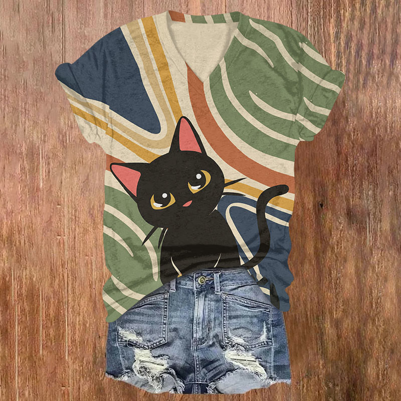 Colorful Wavy Striped Black Cat  Art T-shirt - Multicolor - US32-34(5XL) - image 1