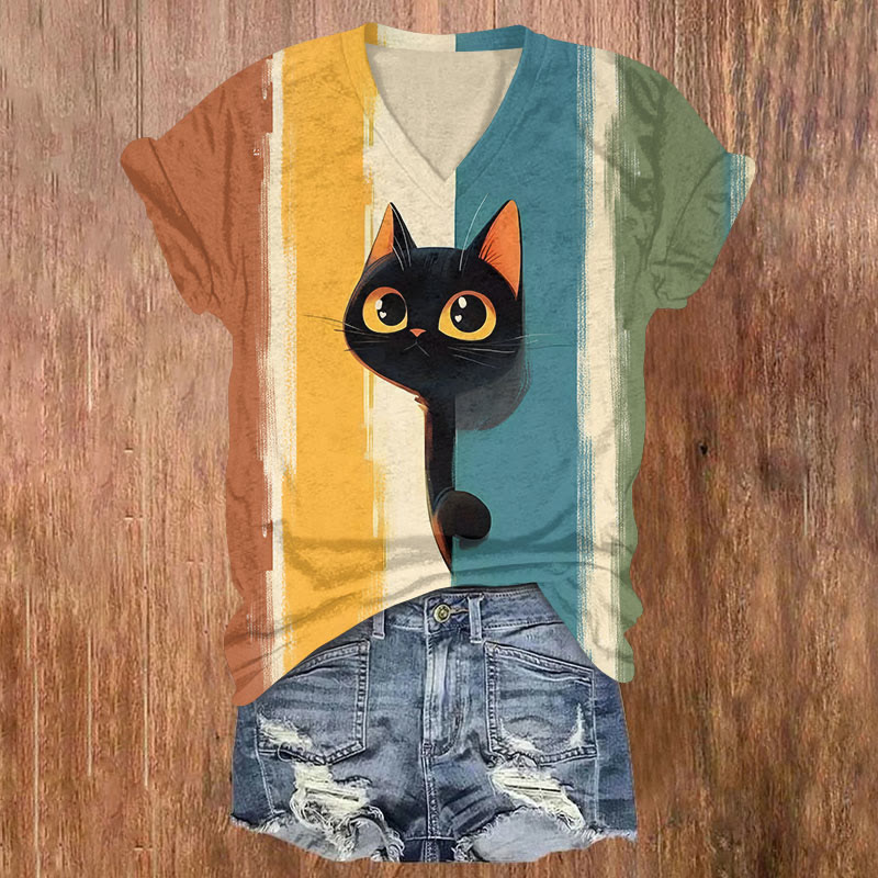 Colorful Striped Peeping Black Cat  Art T-shirt - Multicolor - US32-34(5XL) - image 1