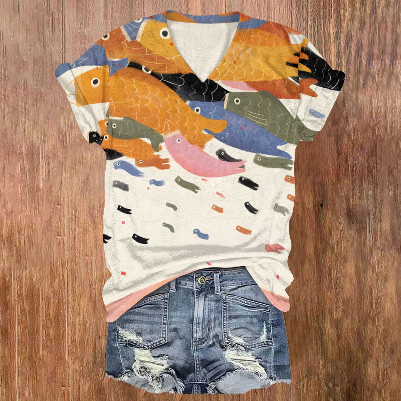 Funny Colorful Cartoon Fish School Art T-shirt - Multicolor - US32-34(5XL) - image 1