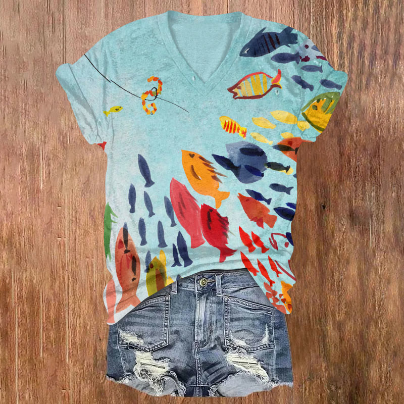 Colorful Abstract Ocean Fish Art T-shirt - Light Blue - US32-34(5XL) - image 1