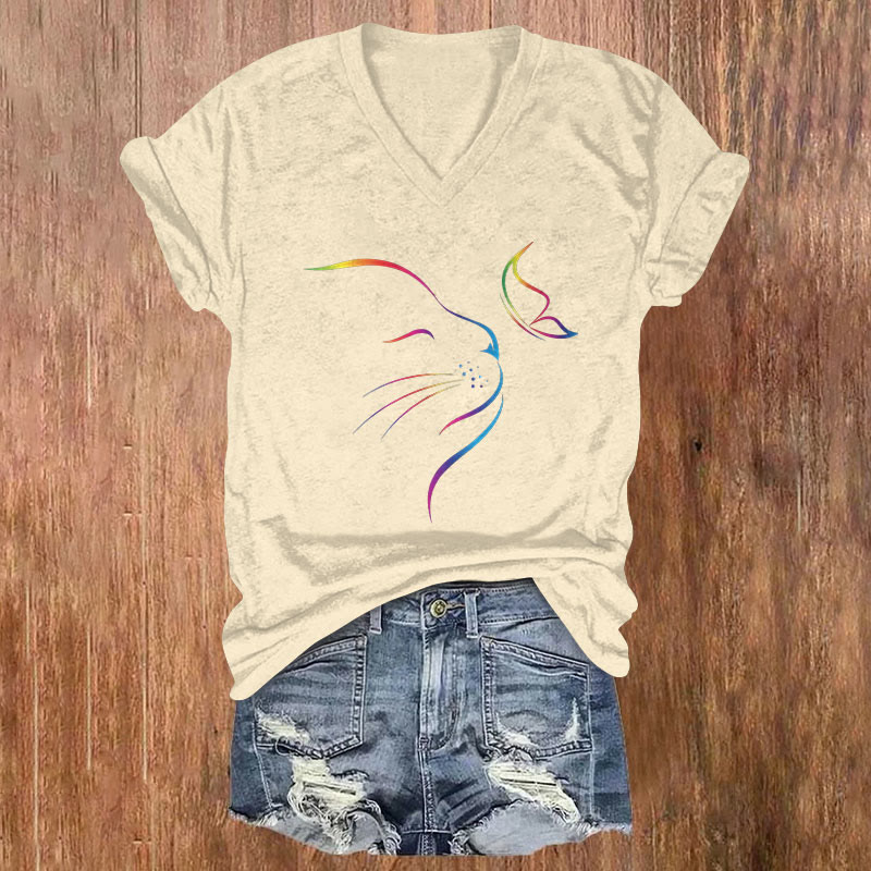 Abstract Rainbow Cat Kiss Butterfly  Art T-shirt - Apricot - US32-34(5XL) - image 1