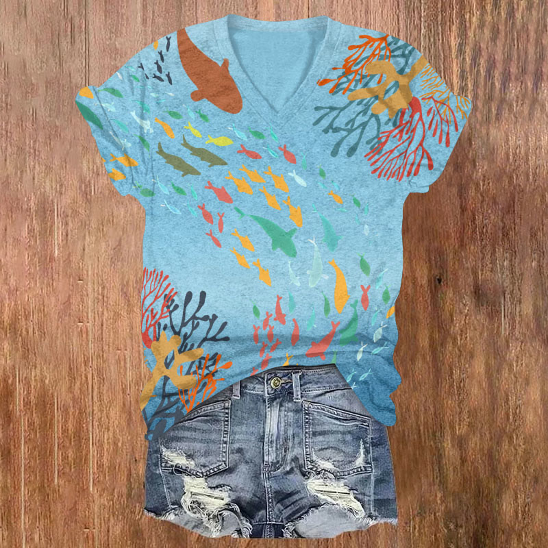 Underwater World Rainbow Fish School Art T-shirt - Sky Blue - US32-34(5XL) - image 1