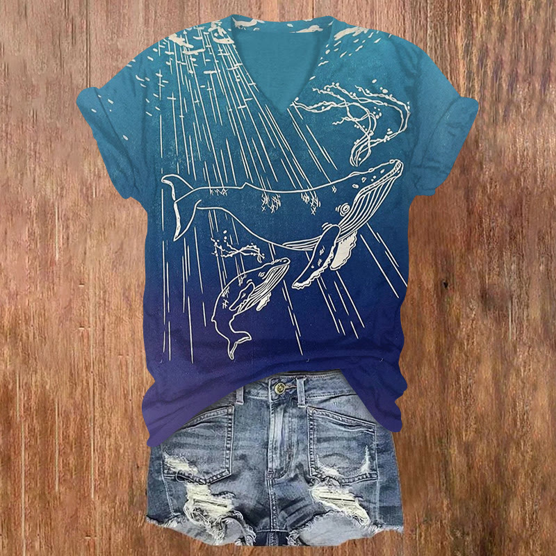 Ombre Whale Print V-neck T-shirt - Blue - US32-34(5XL) - image 1